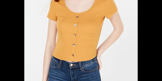 Hippie Rose Juniors' Button-Front Rib-Knit T-Shirt Gold Size Medium