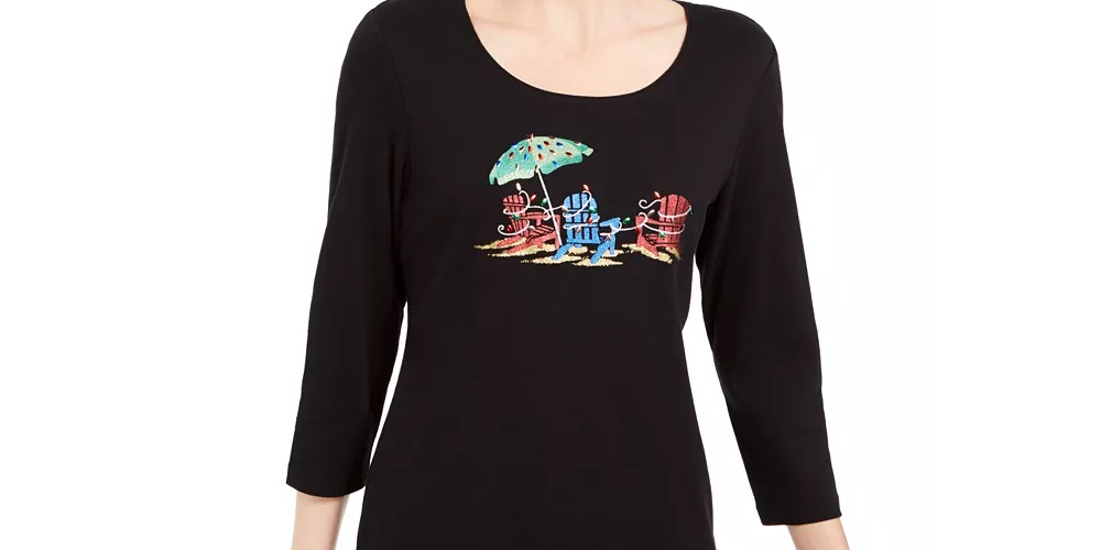 Karen Scott Women's Embellished 3/4-Sleeve Top Black Size Medium