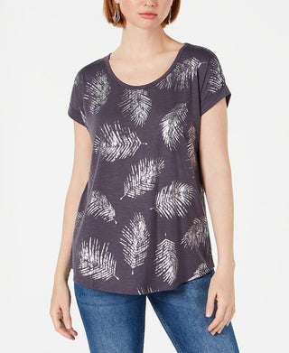Style & Co Women's Leaf Print Scoop Neck Top Gray Size XX-Large