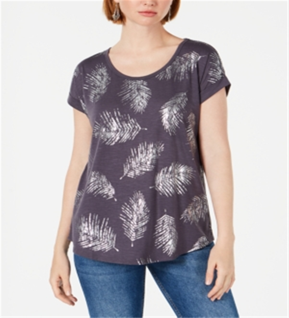 Style & Co Women's Leaf Print Scoop Neck Top Gray Size XX-Large