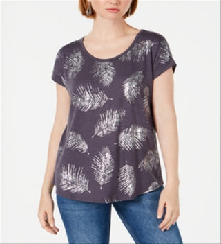 Style & Co Women's Leaf Print Scoop Neck Top Gray Size XX-Large