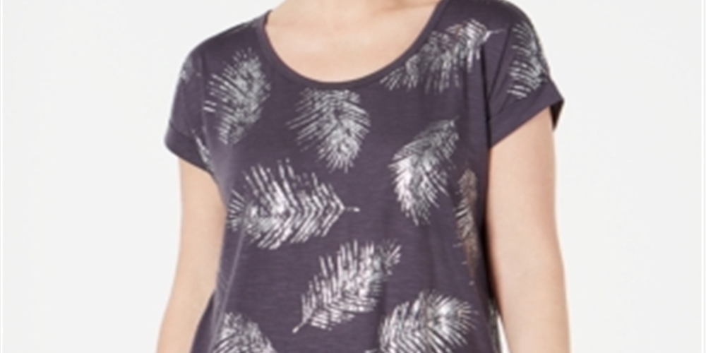 Style & Co Women's Leaf Print Scoop Neck Top Gray Size XX-Large