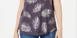 Style & Co Women's Leaf Print Scoop Neck Top Gray Size XX-Large