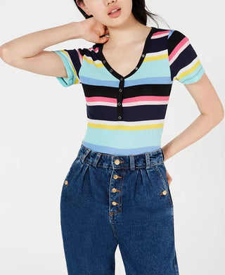 Planet Gold Juniors Striped V-Neck Top Black Size Medium