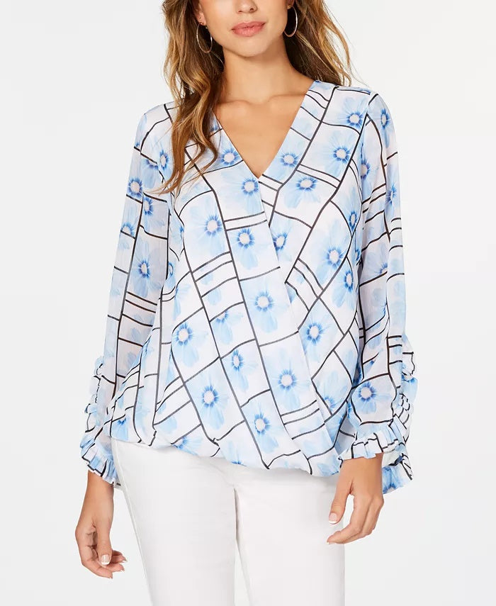 Alfani Women's Petite Printed Surplice Blouse Blue Size Medium