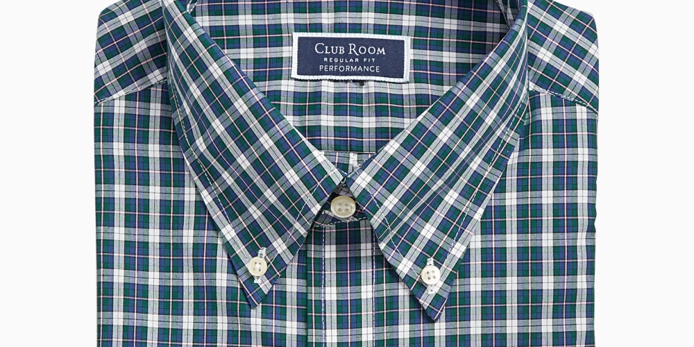 Club Room Men's Plaid Performance Dress Shirt White/Green  Size 15.5X34-35