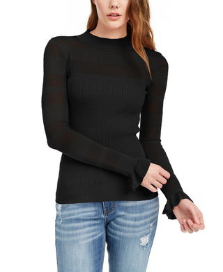 Crave Fame Juniors' Pointelle-Trim Sweater Black Size Medium