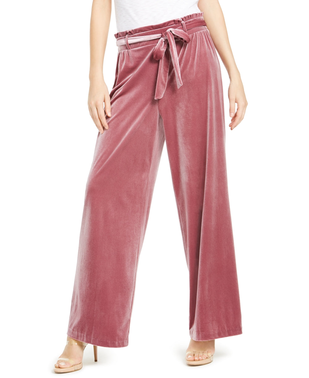 INC International Concepts Women's Velvet Wide-Leg Paperbag Pants Pink Size Small