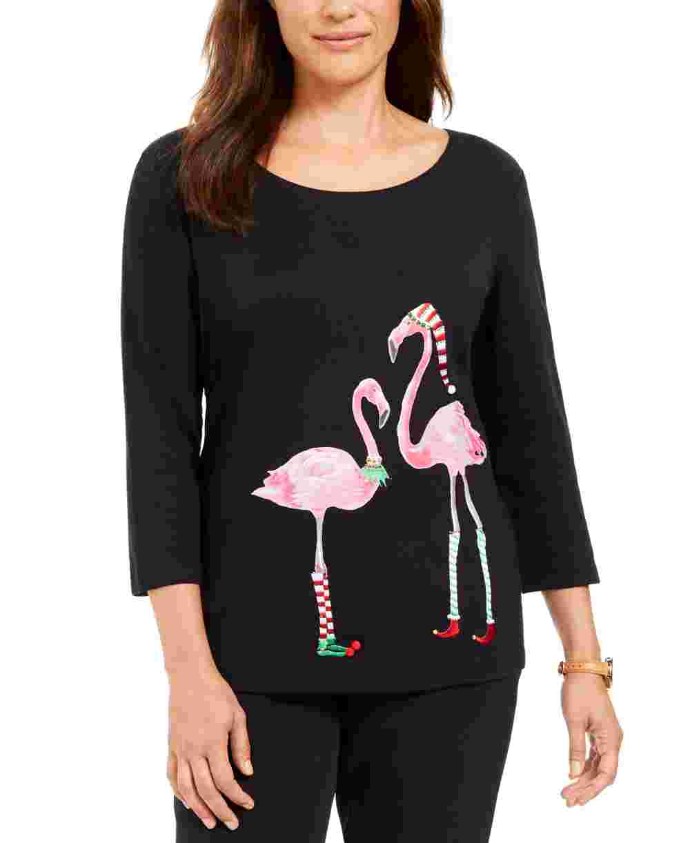 Karen Scott Women's Petite Holiday Flamingo Graphic Top Black Size PL