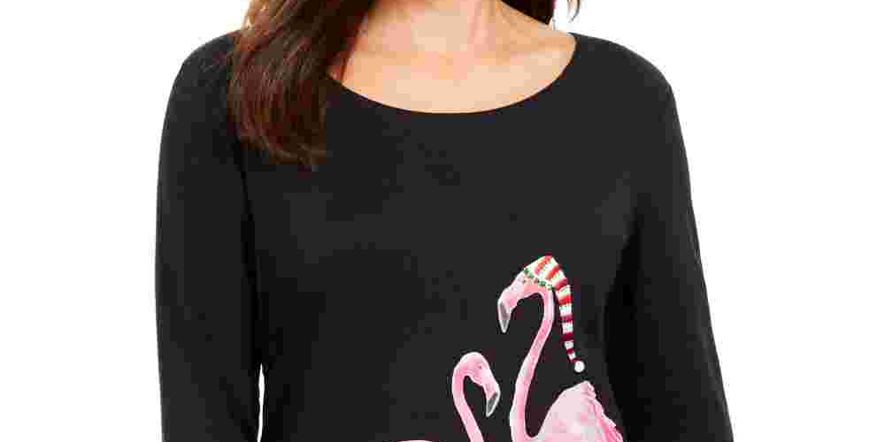 Karen Scott Women's Petite Holiday Flamingo Graphic Top Black Size PL