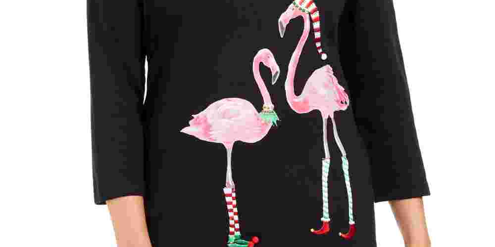 Karen Scott Women's Petite Holiday Flamingo Graphic Top Black Size PL