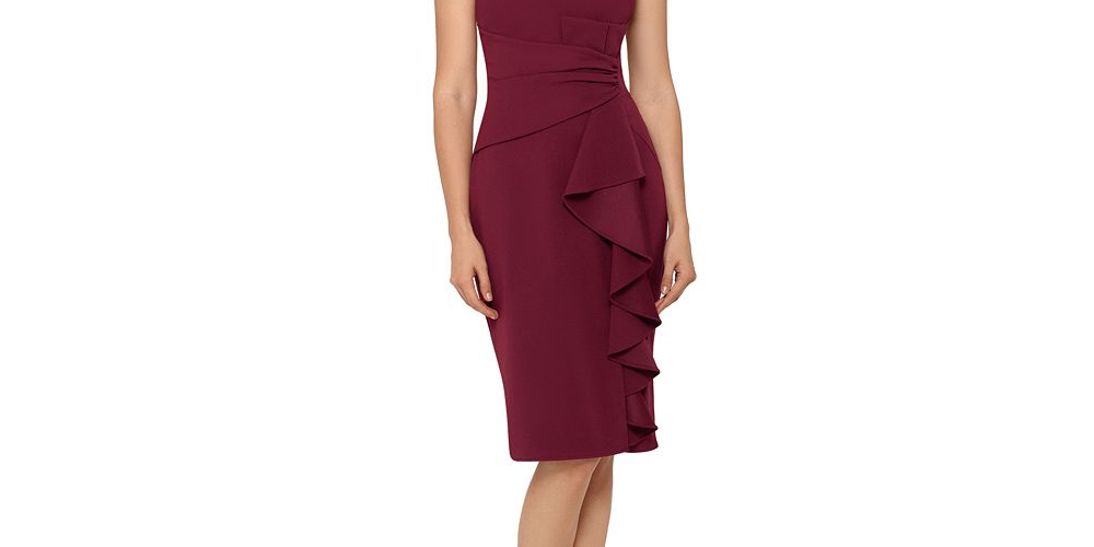 Betsy & Adam Women's Cascading Ruffle Sheath Dress Burgundy Size 4