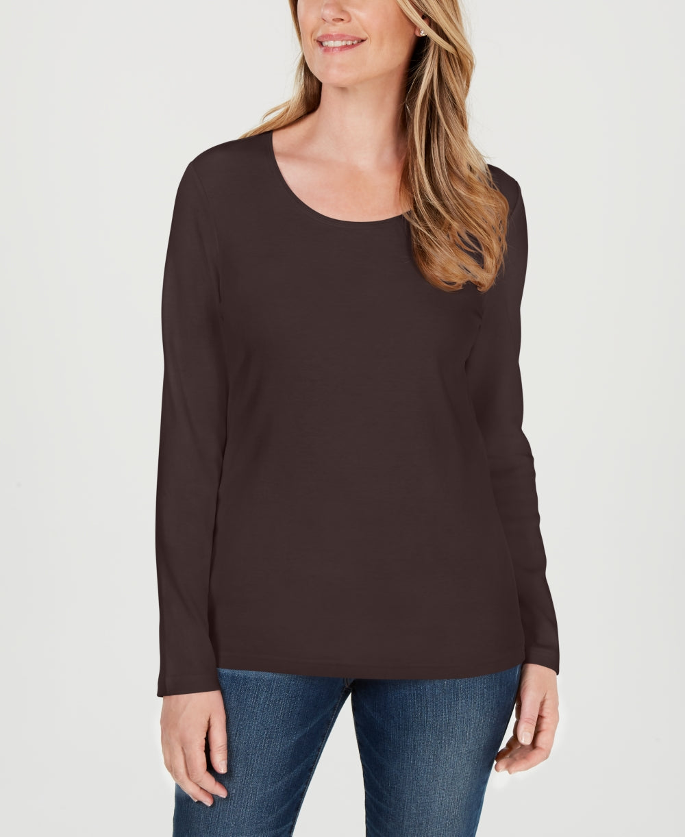 Karen Scott Women's Petite Cotton Scoop-Neck Top Brown Size PM