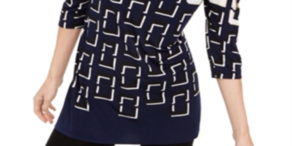 Alfani Women's Printed 3/4 Sleeve Top Navy Size XL