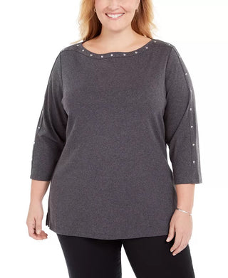 Karen Scott Women's Plus Studded Boat-Neck Top Black Size 0X