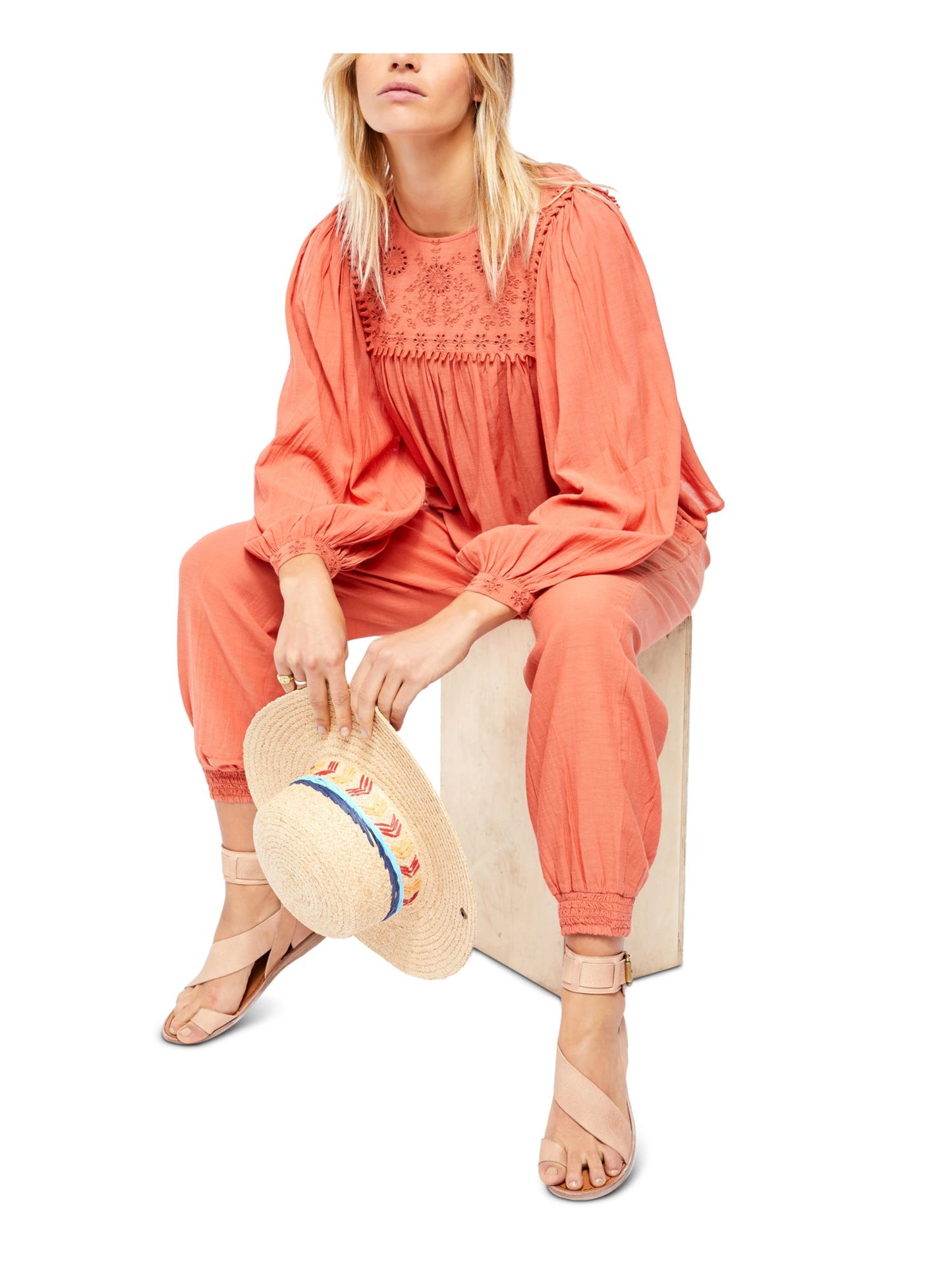 Free People Women's Long Sleeve Jewel Neck Top Orange Size X-Large