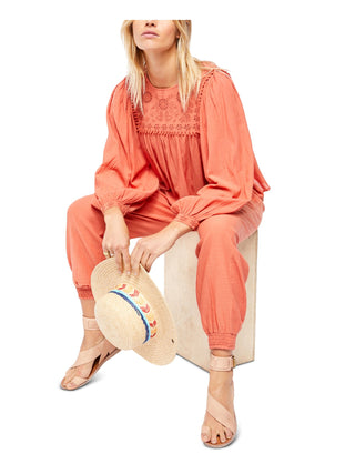 Free People Women's Long Sleeve Jewel Neck Top Orange Size X-Large