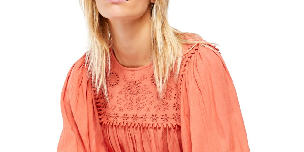 Free People Women's Long Sleeve Jewel Neck Top Orange Size X-Large