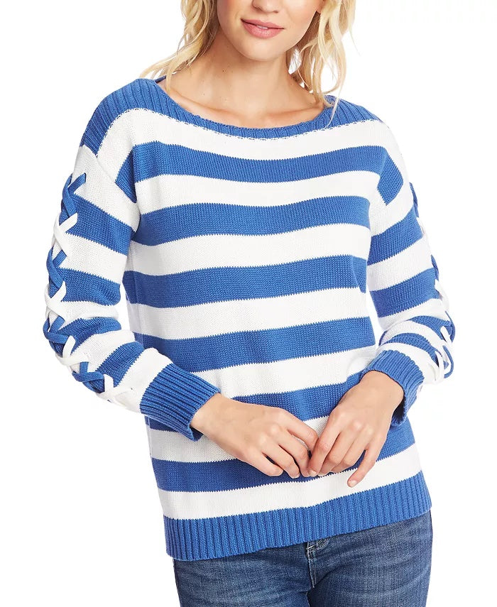 CeCe Women's Cotton Striped Pullover Sweater Blue Size Medium