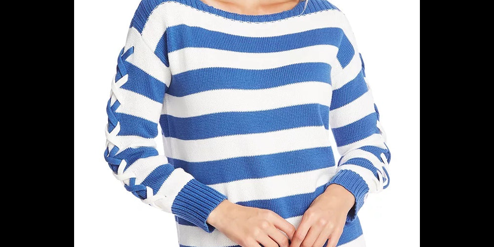 CeCe Women's Cotton Striped Pullover Sweater Blue Size Medium