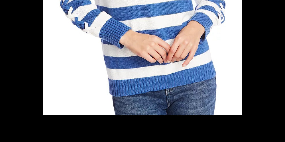 CeCe Women's Cotton Striped Pullover Sweater Blue Size Medium