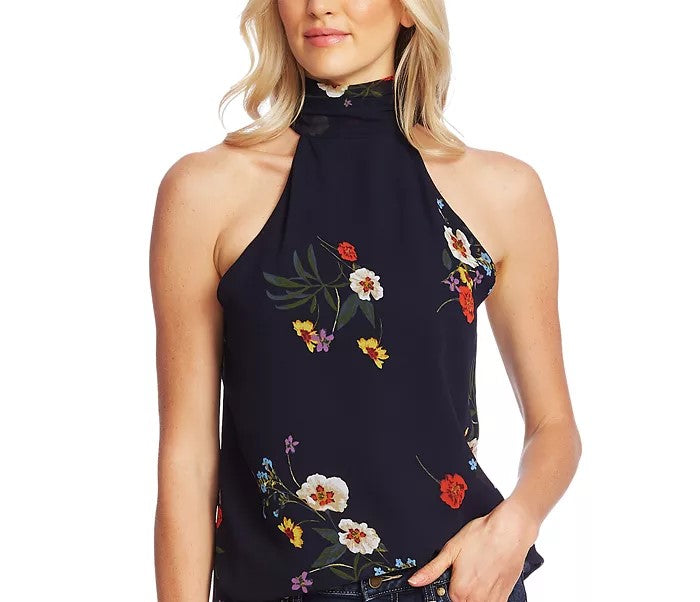 Vince Camuto Women's Floral-Print Mock-Neck Top Blue Size Large