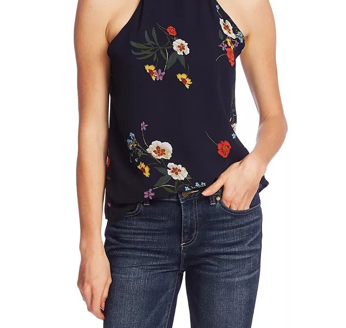Vince Camuto Women's Floral-Print Mock-Neck Top Blue Size Large