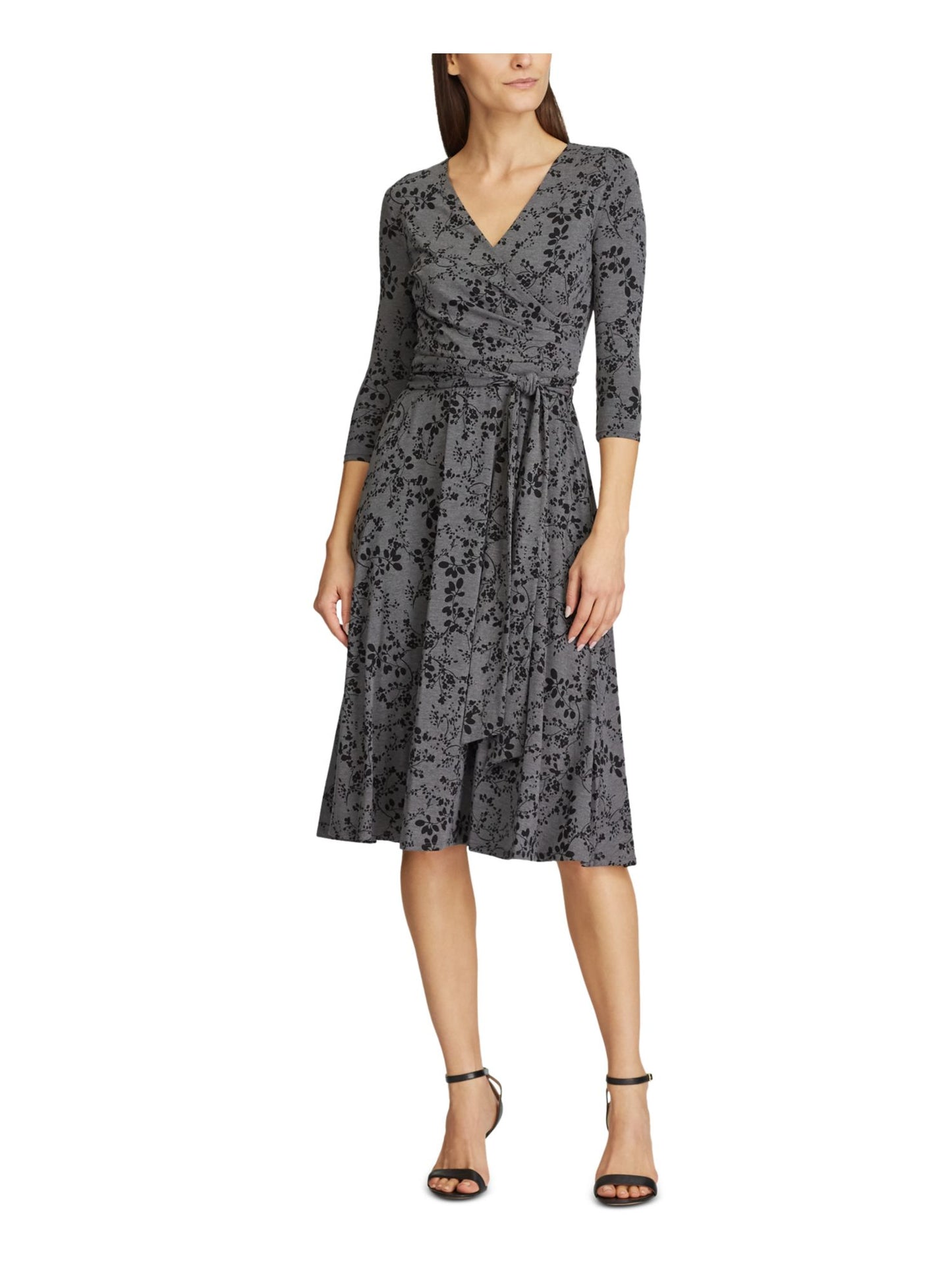 Ralph Lauren Women's Floral 3/4 Sleeve V Neck Below The Knee Fit + Flare Dress Gray Size 2 Petite