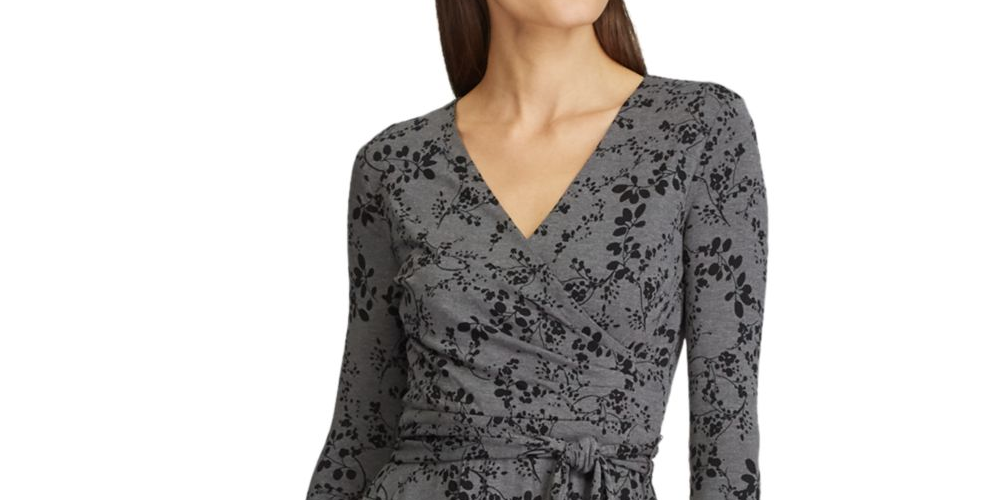 Ralph Lauren Women's Floral 3/4 Sleeve V Neck Below The Knee Fit + Flare Dress Gray Size 2 Petite