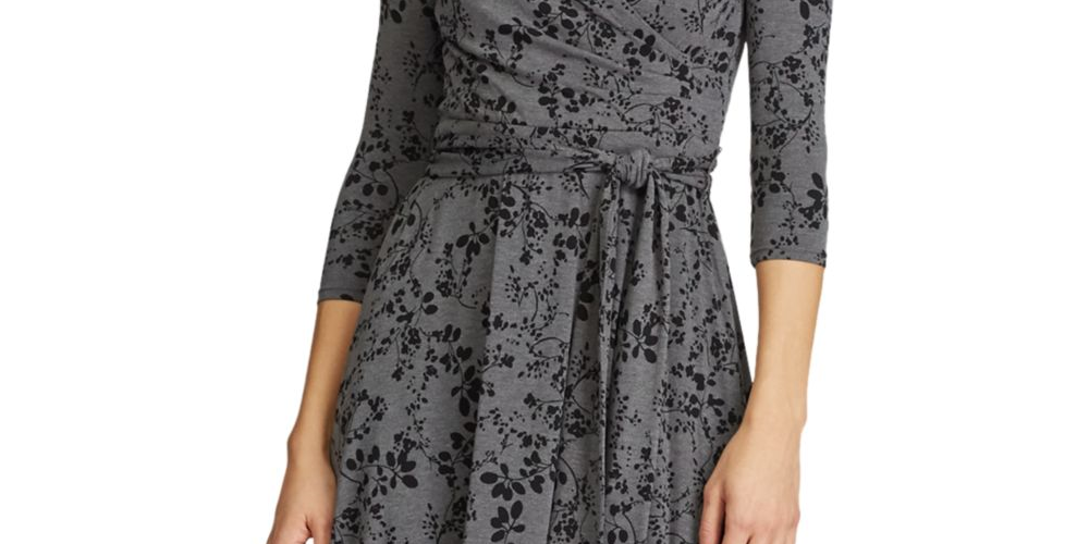 Ralph Lauren Women's Floral 3/4 Sleeve V Neck Below The Knee Fit + Flare Dress Gray Size 2 Petite