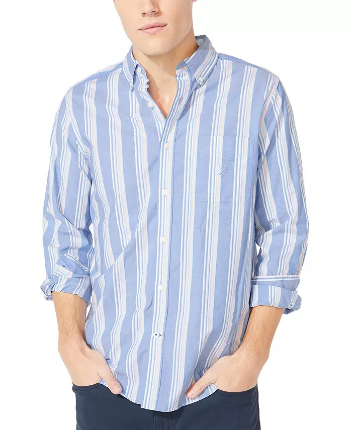 Nautica Men's Striped Collared Dress Shirt Blue Size Medium
