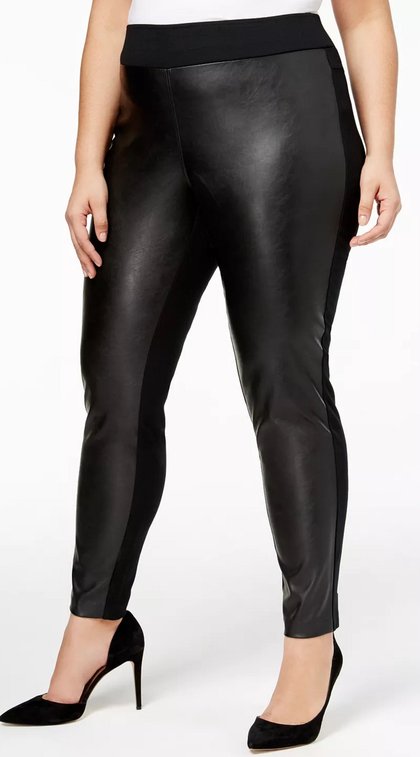 INC International Concepts Women's Faux Leather Front Casual Leggings Black Size 26W