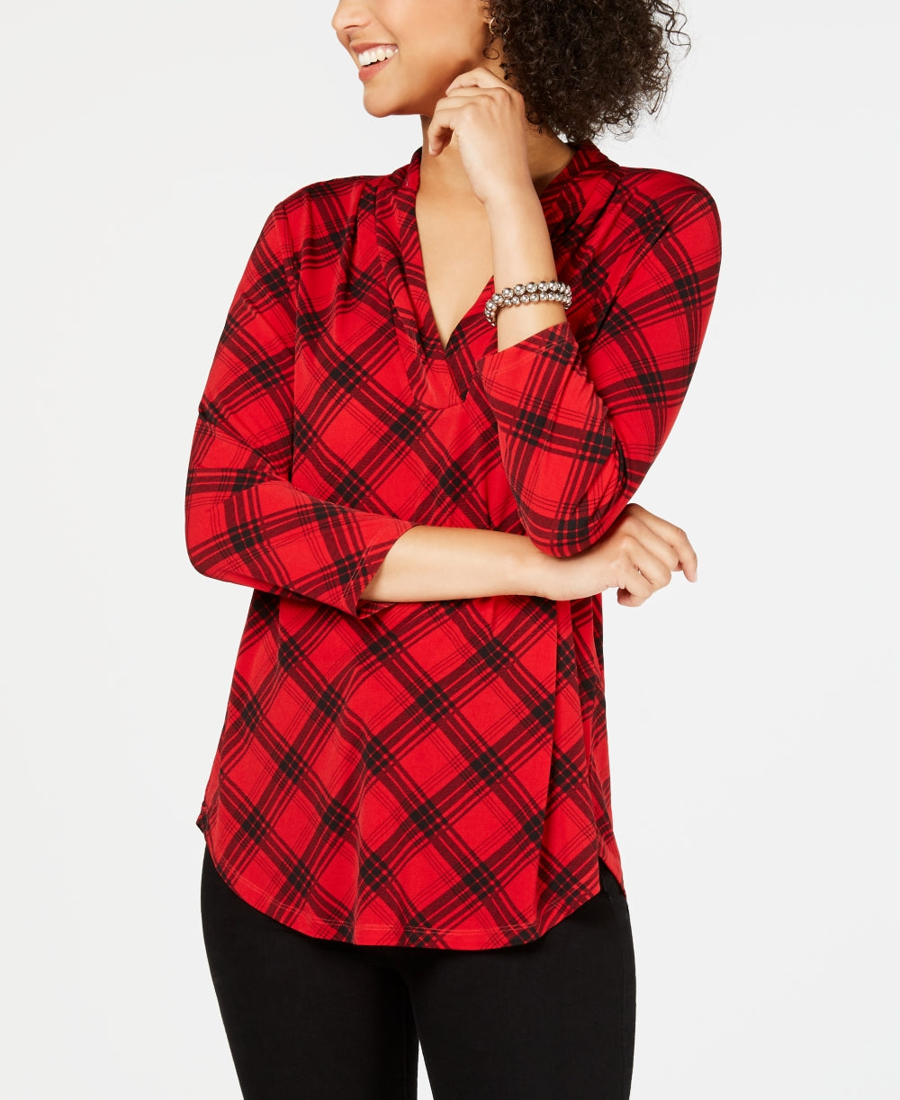 Charter Club Women's Blouse Ravishing Medium V Neck Plaid Red Size Medium
