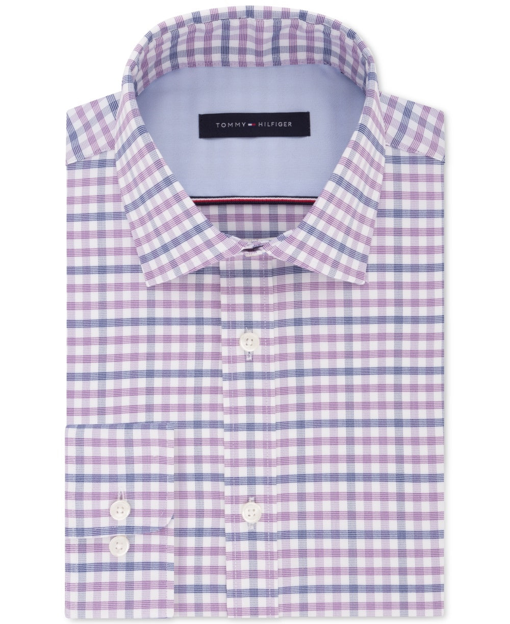 Tommy Hilfiger Men's Fitted Performance Stretch Flex Collar Check Dress Shirt Purple Size 16.5X34X35