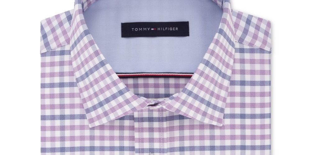 Tommy Hilfiger Men's Fitted Performance Stretch Flex Collar Check Dress Shirt Purple Size 16.5X34X35