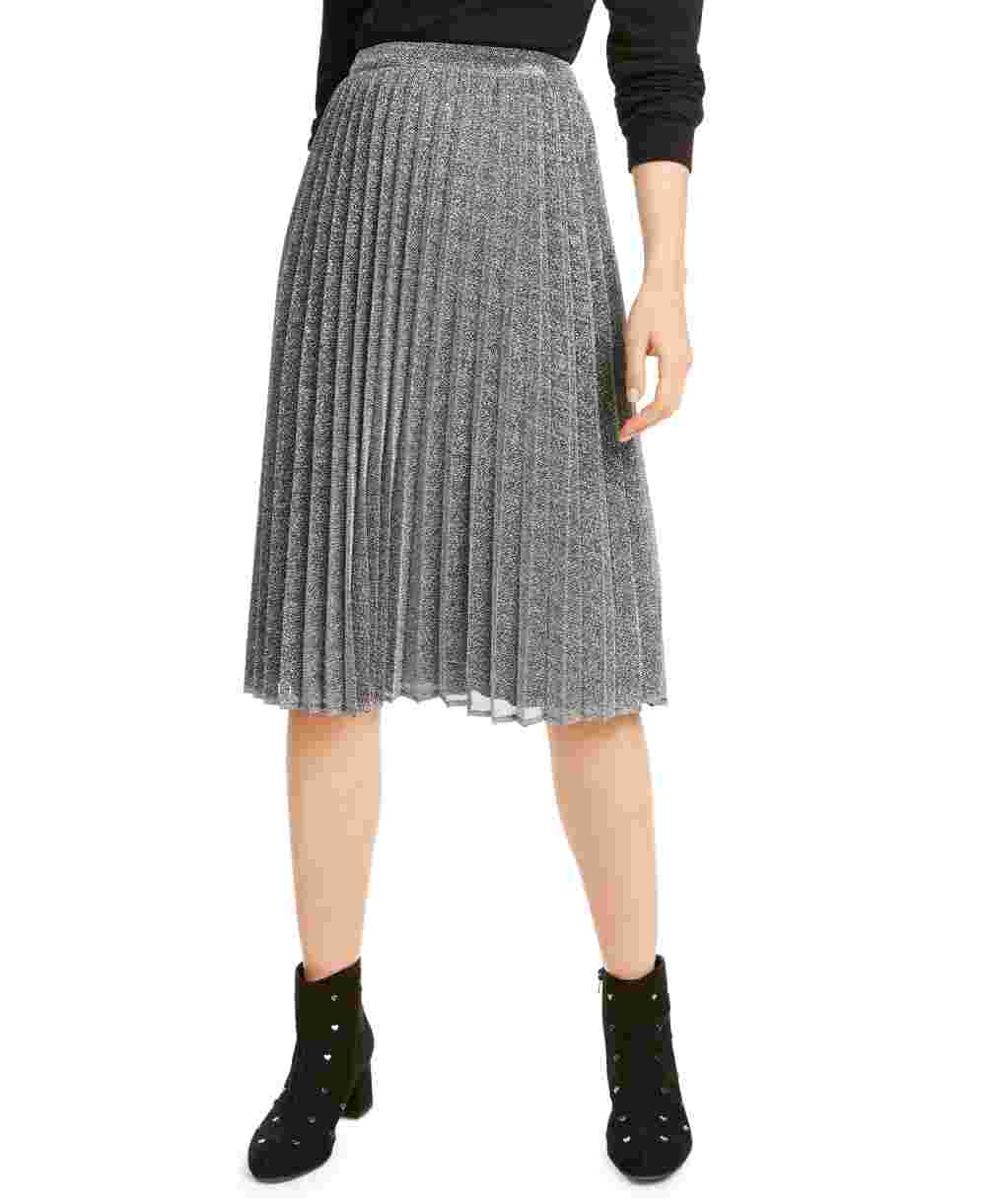 Maison Jules Women's Pleated Metallic Midi Skirt Charcoal Size Small