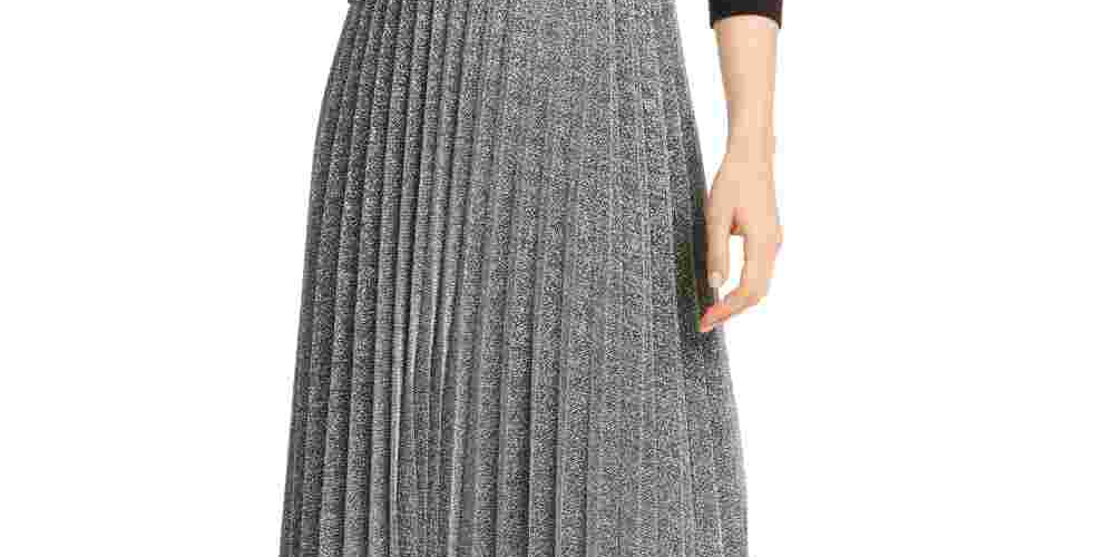 Maison Jules Women's Pleated Metallic Midi Skirt Charcoal Size Small