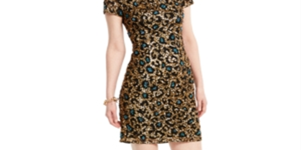 Adrianna Papell Women's Sequined Animal Print Short Sleeve Dress  Black - Gold Size 8