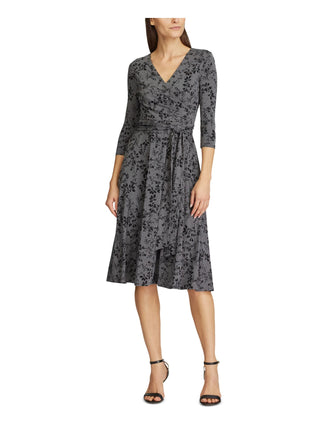 Ralph Lauren Women's Gray Floral 3/4 Sleeve V Neck Below The Knee Fit + Flare Dress Size 6 Petite