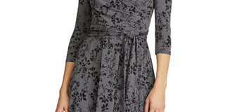 Ralph Lauren Women's Gray Floral 3/4 Sleeve V Neck Below The Knee Fit + Flare Dress Size 6 Petite