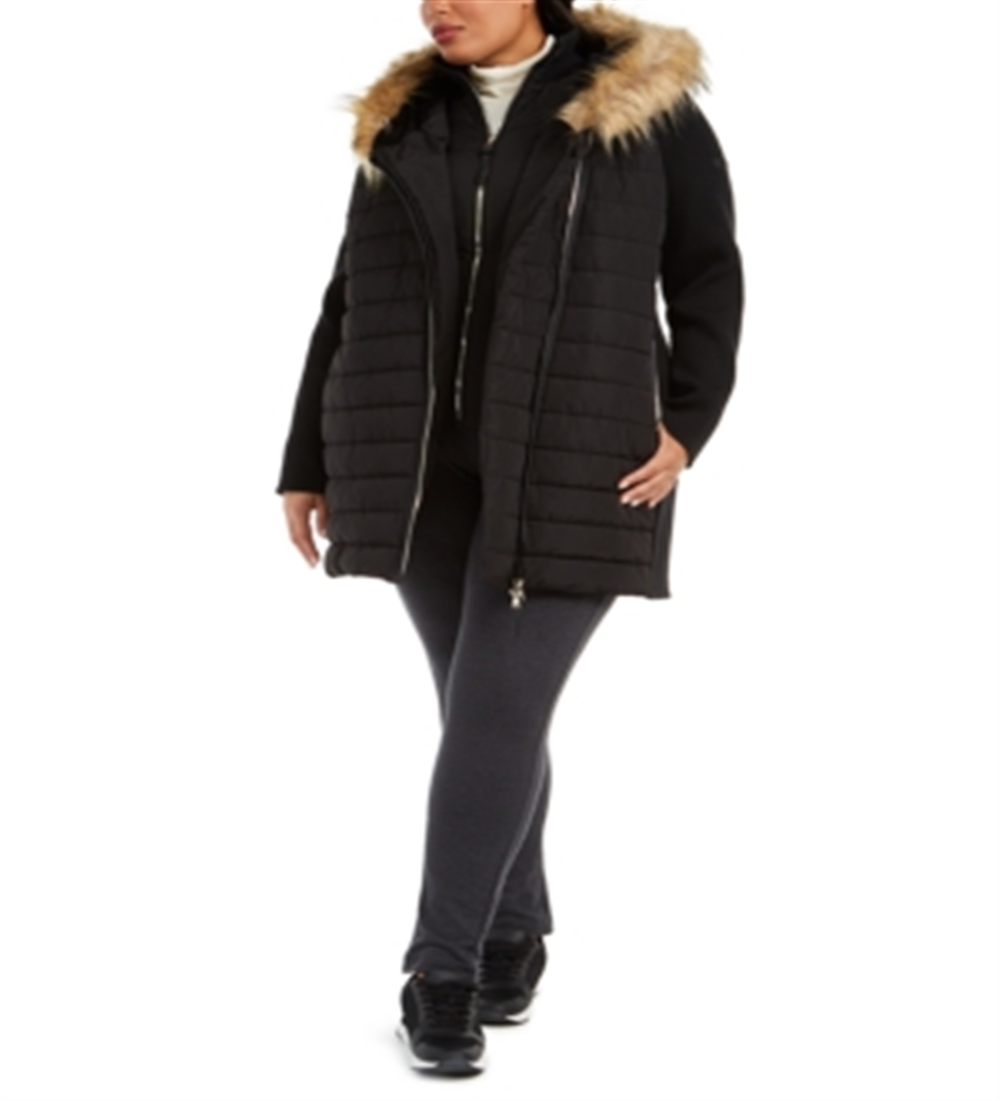 Calvin Klein Women's Faux Fur Trim Puffer Coat Black Size 2X