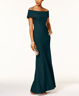 Betsy & Adam Women's Ruffled Back Off The Shoulder Gown Regular Green Size 6 Petite