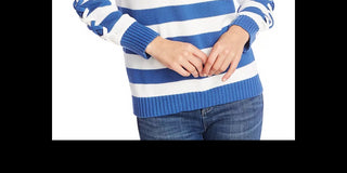 CeCe Women's Sweater Pullover Lace Up Striped Blue Size Large