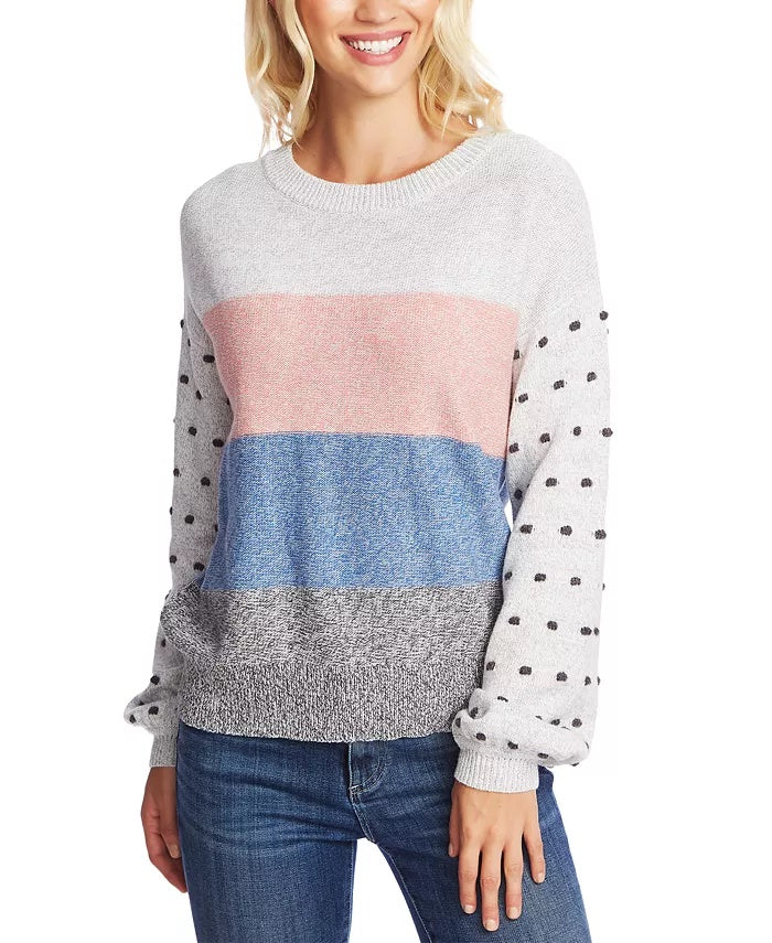 CeCe Women's Marled Stripe & Bobble Stitch Sweater White Size Small