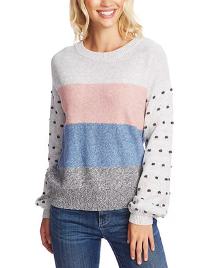CeCe Women's Marled Stripe & Bobble Stitch Sweater White Size Small
