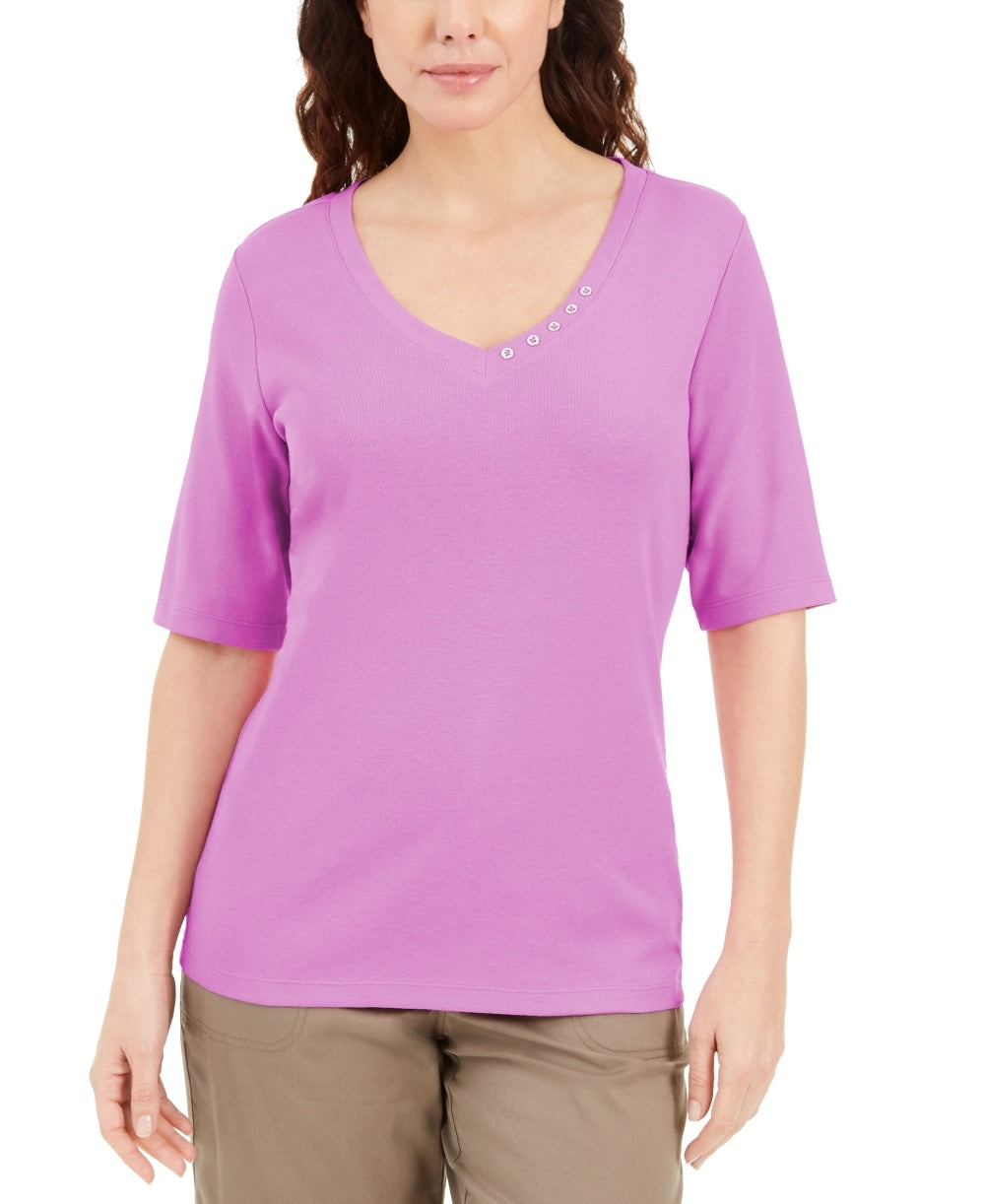 Karen Scott Women's Button-Detail V-Neck Top Purple Size Medium