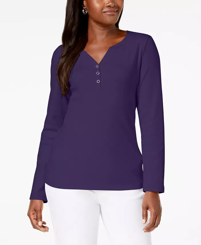 Karen Scott Women's Petite Cotton Henley-Neck Top Purple Size Medium