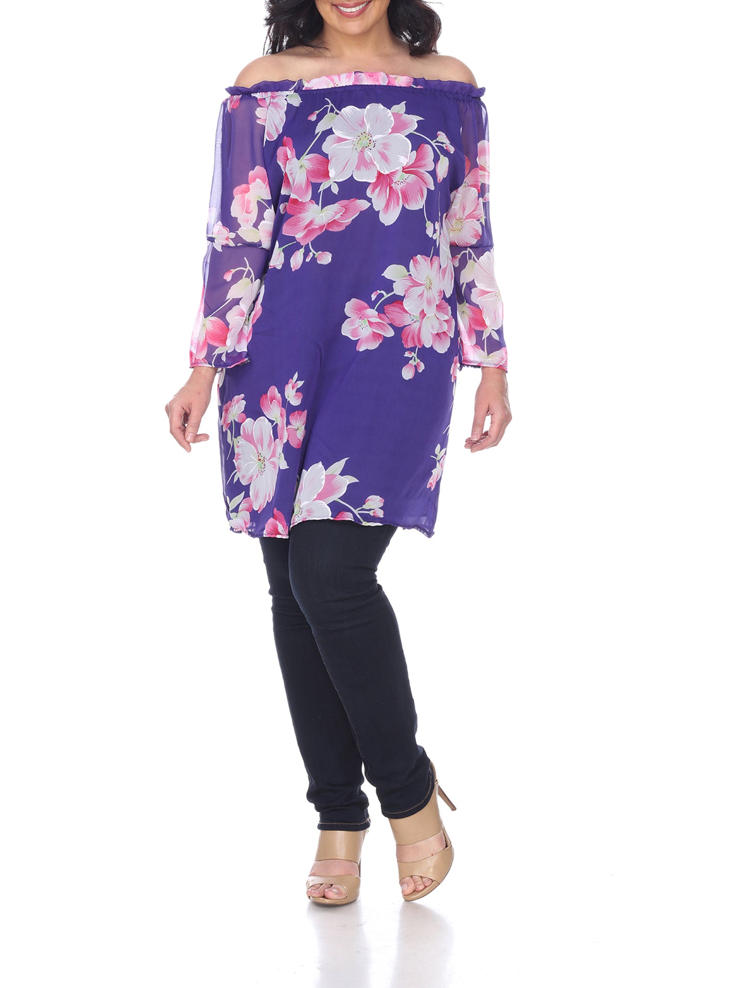 White Mark Women's Floral Print Off Shoulder Tunic Top Purple  Size 4XL