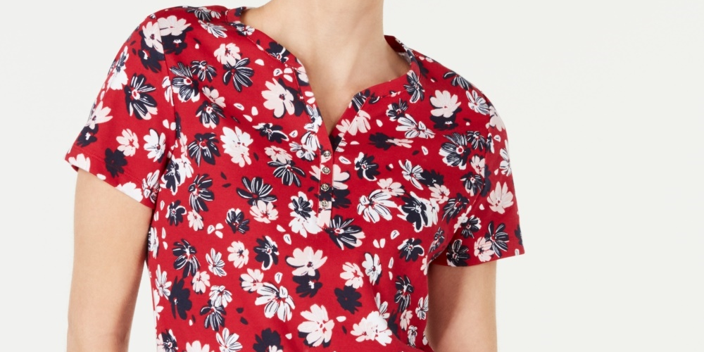 Karen Scott Women's Liberty Daisy Printed Henley Top Red Size PL