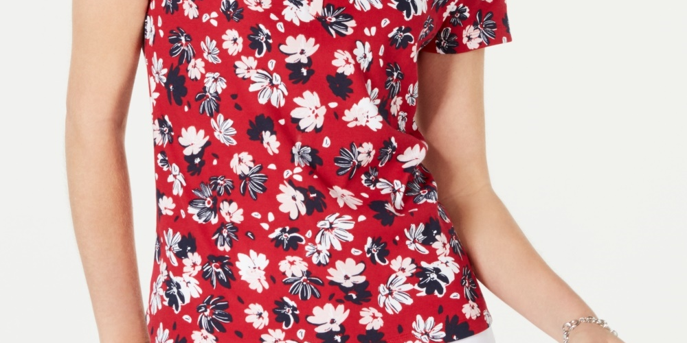 Karen Scott Women's Liberty Daisy Printed Henley Top Red Size PL